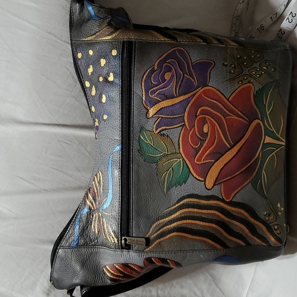 Anuschka Grey handpainted rose animal print safari hobo shoulder bag nwot - Picture 8 of 16